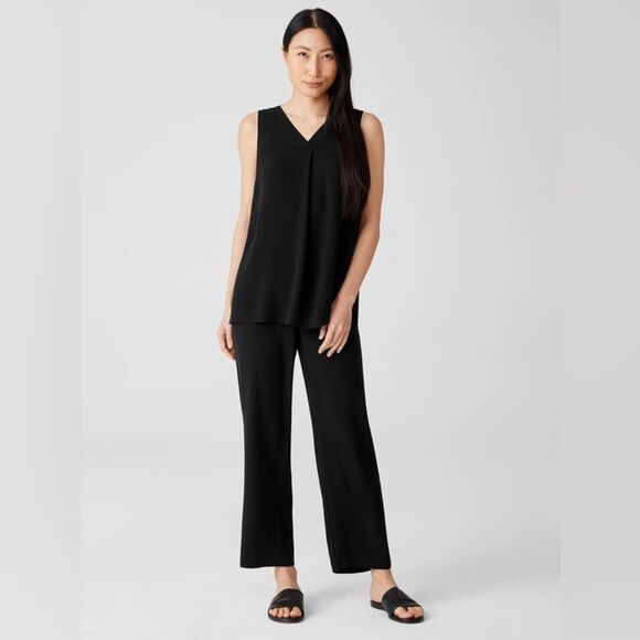 Eileen Fisher Black Silk Georgette Crepe Ankle Straight Pant NWT Size Medium - Picture 3 of 16